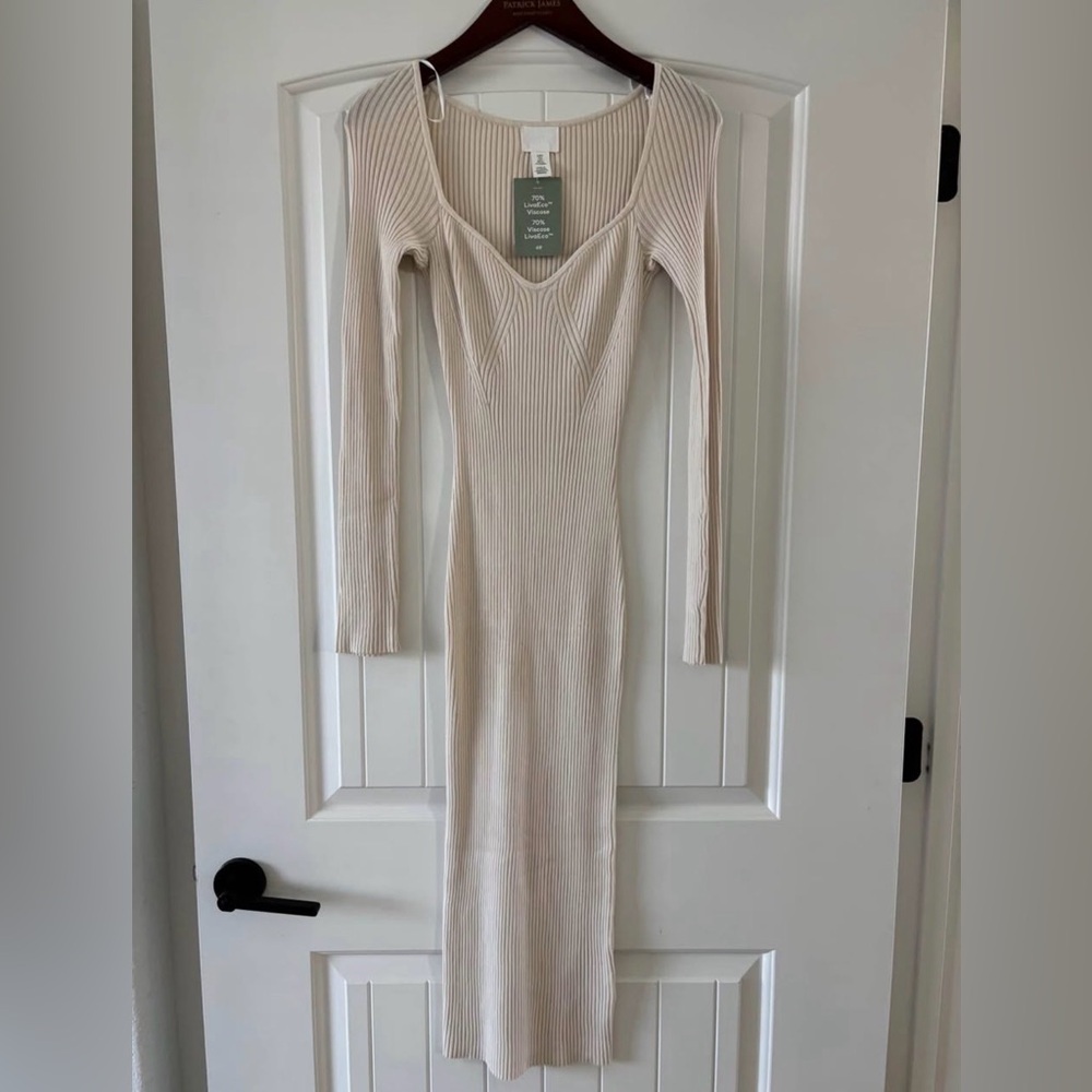H&M Cream Ribbed Long Sleeve Dress